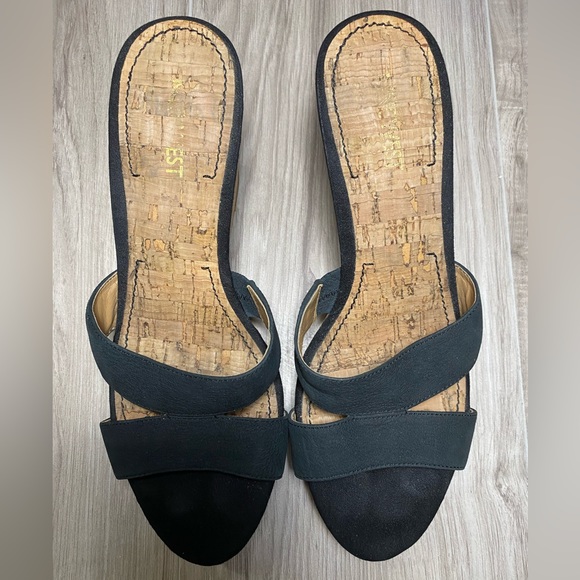 Nine West Shoes - Nine West Woman Black Wedge Cork Leather Slide size 8M